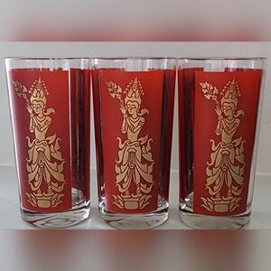 Vintage Mid-century Modern Thai Goddess Culver‎ Red Gold Glasses Set Of Three